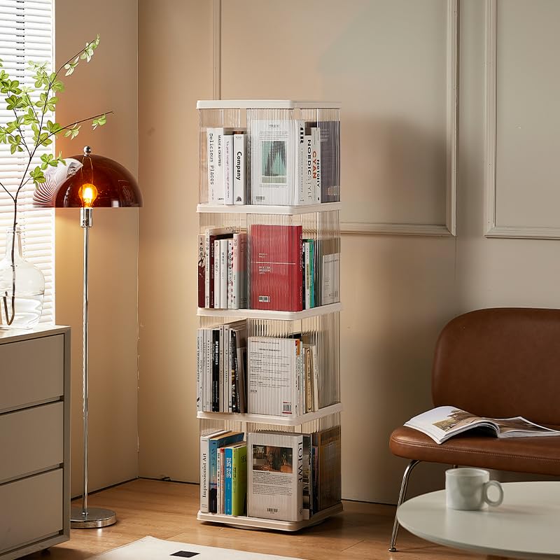 Compact 360-Degree Rotating Bookshelf for Small Spaces - SYNCVIBE 4-Tier Floor Standing Bookcase in White SYNCVIBE