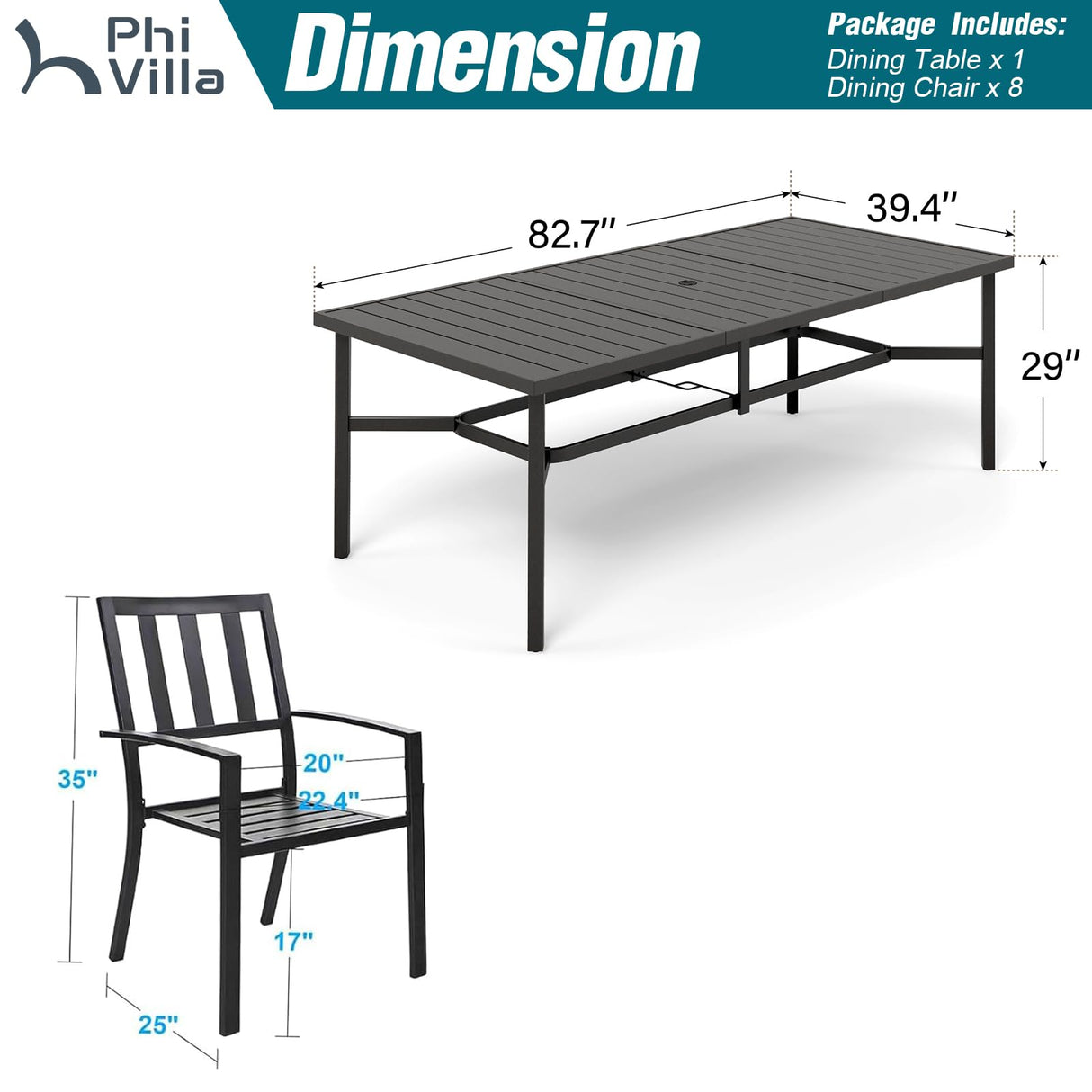 PHI VILLA 9 Pieces Outdoor Dining Set for 8, Large Rectangular Metal Table with Umbrella Hole & Stackable Wrought Iron Chairs, Dining Furniture for Patio, Deck, Yard, Porch PHI VILLA