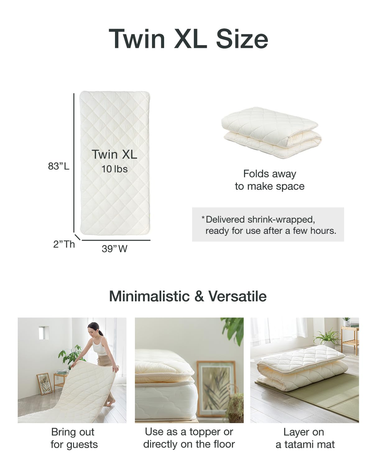 FULI Japanese Futon Mattress, Japanese Floor Mattress, Floor Bed, Tatami Foldable Bed, Roll Up Sleeping Pad, Shikibuton, Made in Japan (White, Twin XL) FULI