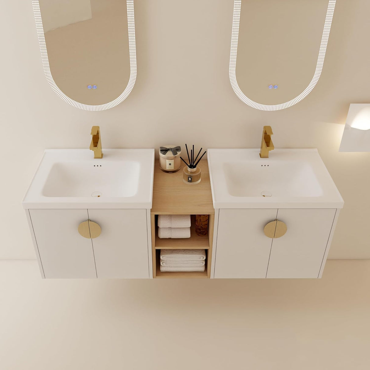 Goderfuu 60" Bathroom Vanity with Double Sink, Floating Bathroom Vanity with Ceramic Basin, White Wall Mounted Bathroom Vanity Cabinet, 60 inch Bathroom Vanities with 4 Doors and Open Storage Shelves Goderfuu