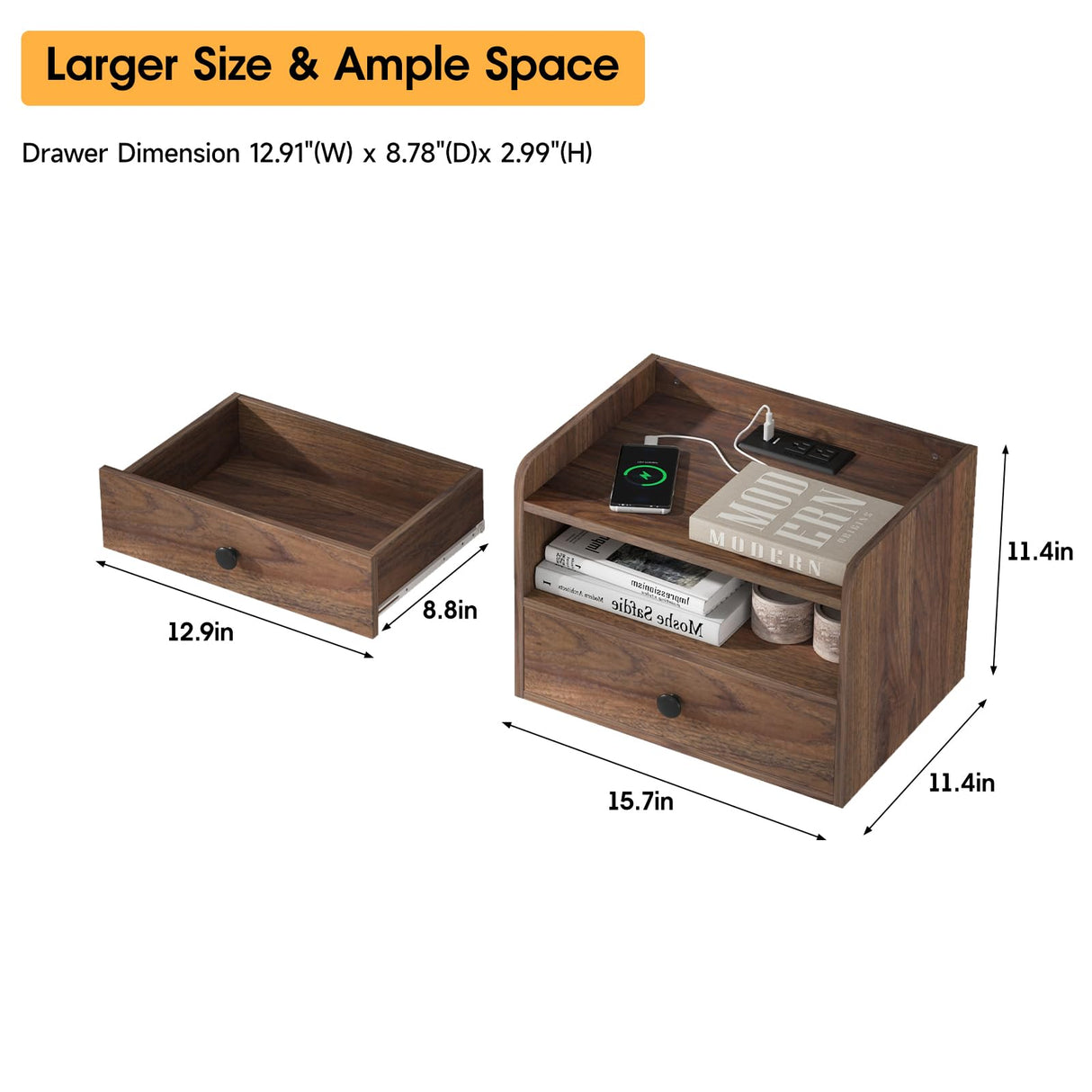 Brown Floating Nightstand Set of 2 with Charging Station and Drawer Small Bedside End Table with Outlet Modern Floating Night Stand for Bedroom Wood Wall Mounted Nightstands Set 2 Brown Walnut HOSEOKA