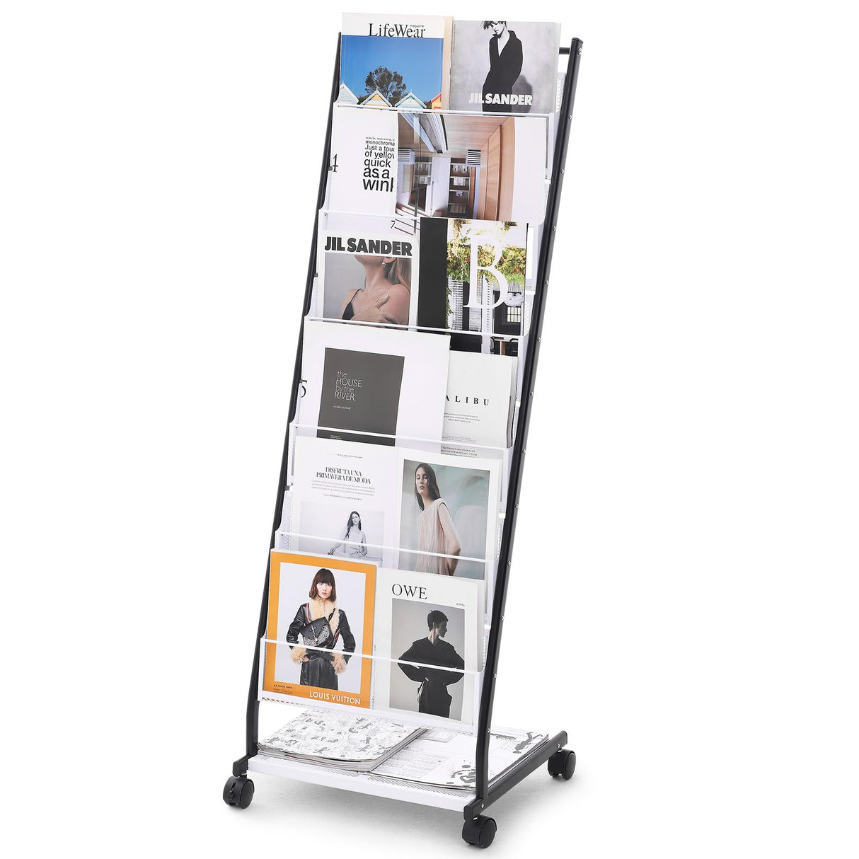 VEVOR Brochure Display Rack, 6-Tier Magazine Literature Display Stand, Floor Standing Magazine Rack Newspaper Catalog Holders, Movable with 4 Wheels (2 Lockable) for Shop Exhibitions Office, 6 Pockets VEVOR