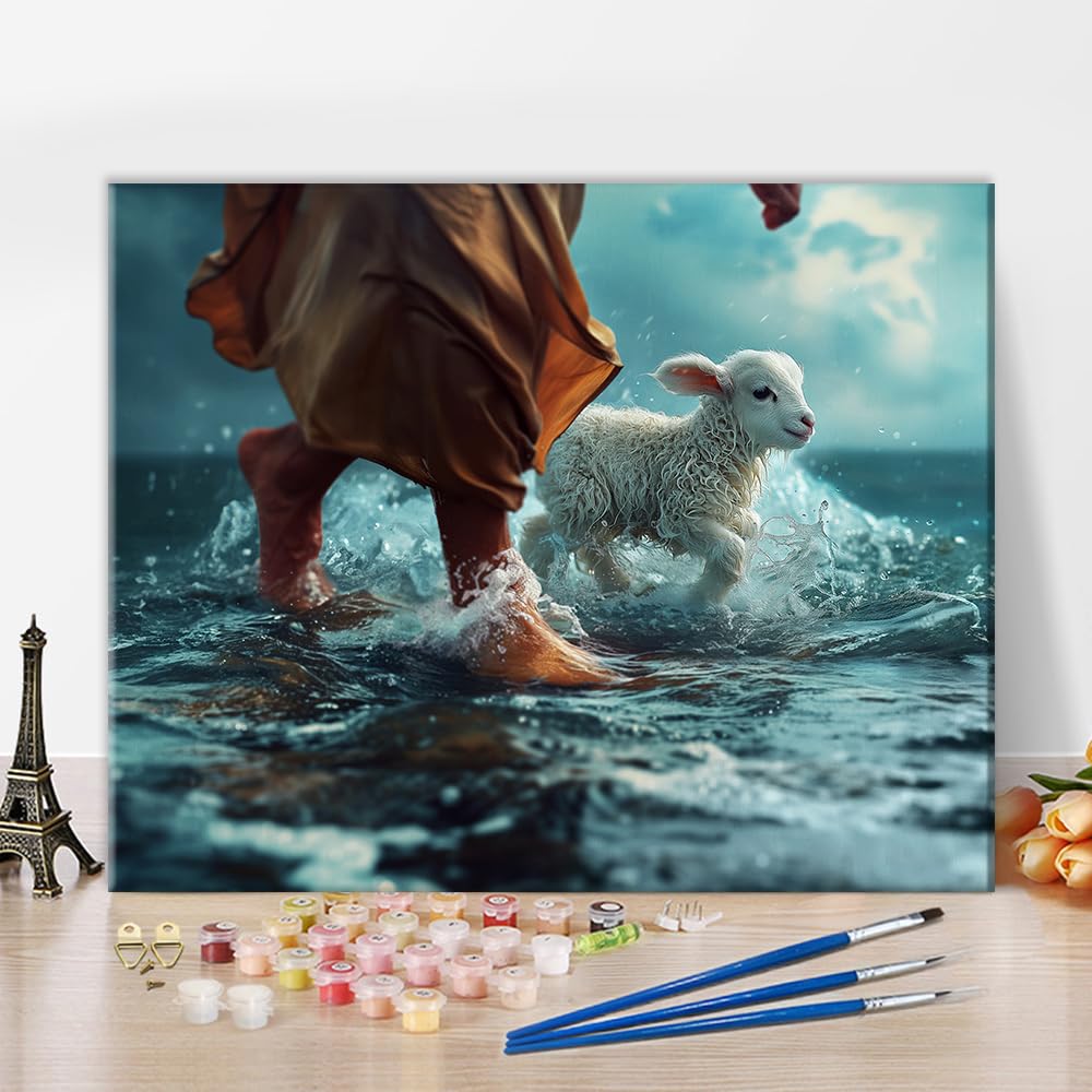 TUMOVO Jesus Paint by Numbers, Paint by Number Kit, Paint by Numbers for Adults, Jesus Walks with a Lamb Adult Paint by Number Kits on Canvas, DIY Painting on Canvas with Brushes, 16 x20 Inch TUMOVO