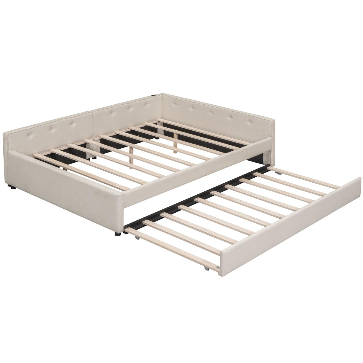 Brisca Queen Linen Upholstered Platform USB Ports and Twin Size Trundle,Modern Wooden Bed Frame w/Wood Slats Support,No Box Spring Required,for Dormitory,Apartment,Beige Brisca