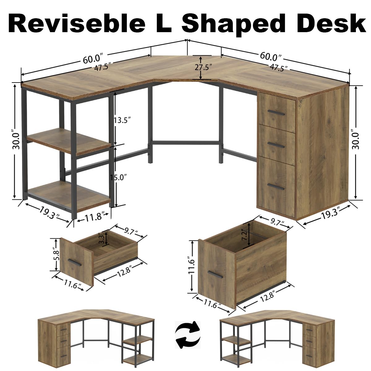 LVB Rustic L Shape Computer Desk with File Cabinet, Reversible Corner L-Shaped Desk with Drawers Storage Shelf, Modern Large Wood L Shaped Work Study Writing Gaming Desk Table for Home Office, 60 in LVB
