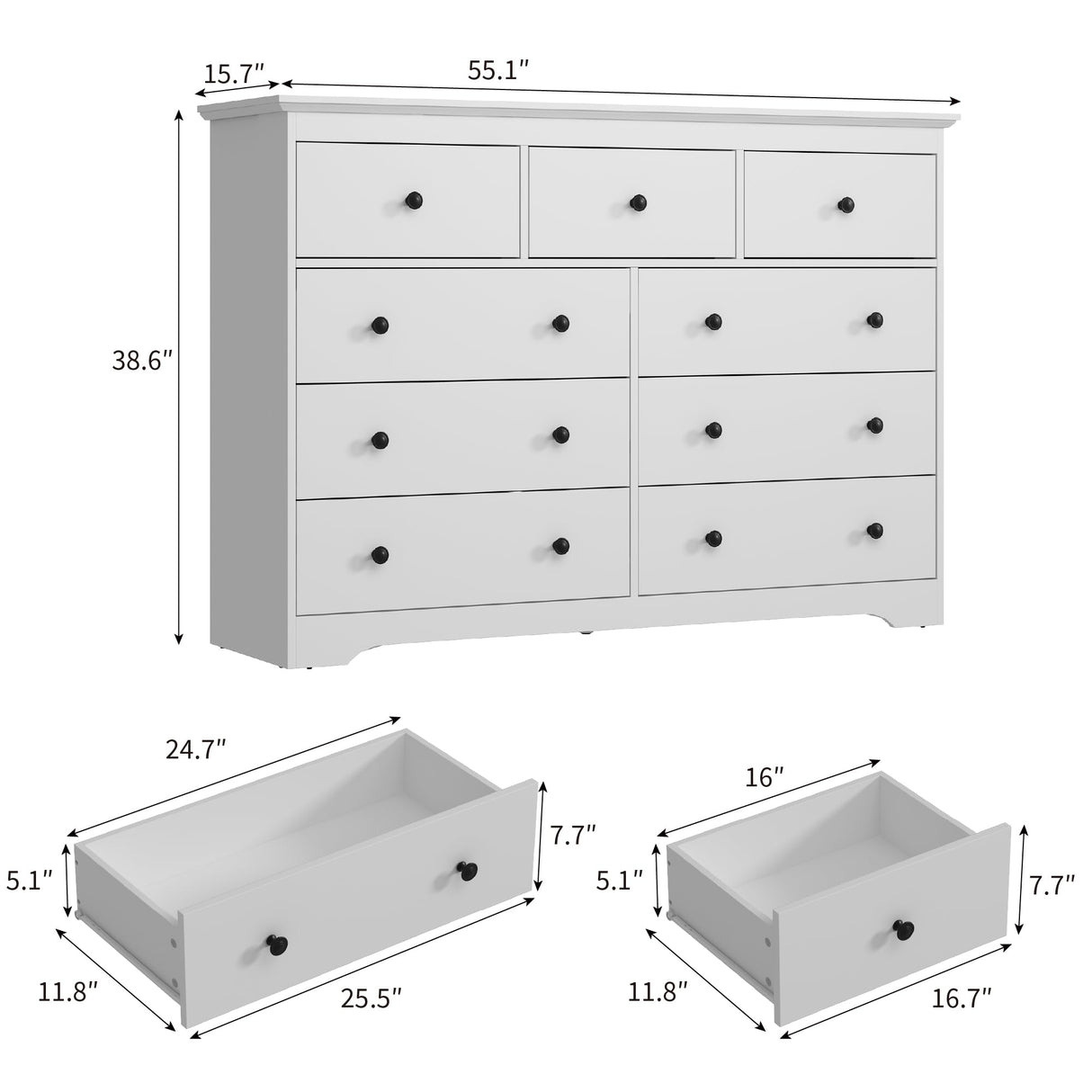BAZELOR 55 Inch Wide White Dresser for Bedroom, 9 Drawer Dresser with Large Drawers, Wood Chest for Living Room, Hallway BAZELOR