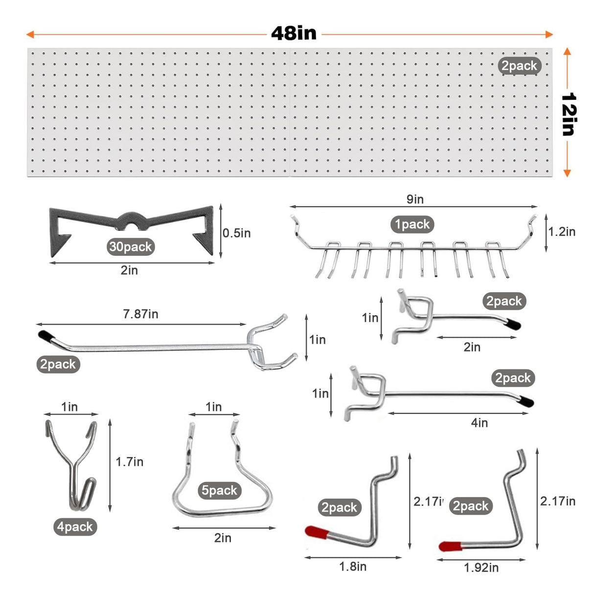 Tbantera 2 PCS Metal Pegboard Wall Storage Shelves 24x12 Inches with 50 PCS Pegboard System for Garage Organization Black Pegboard Hooks for Efficient Tool Storage and Workbench Organization(White) Tbantera