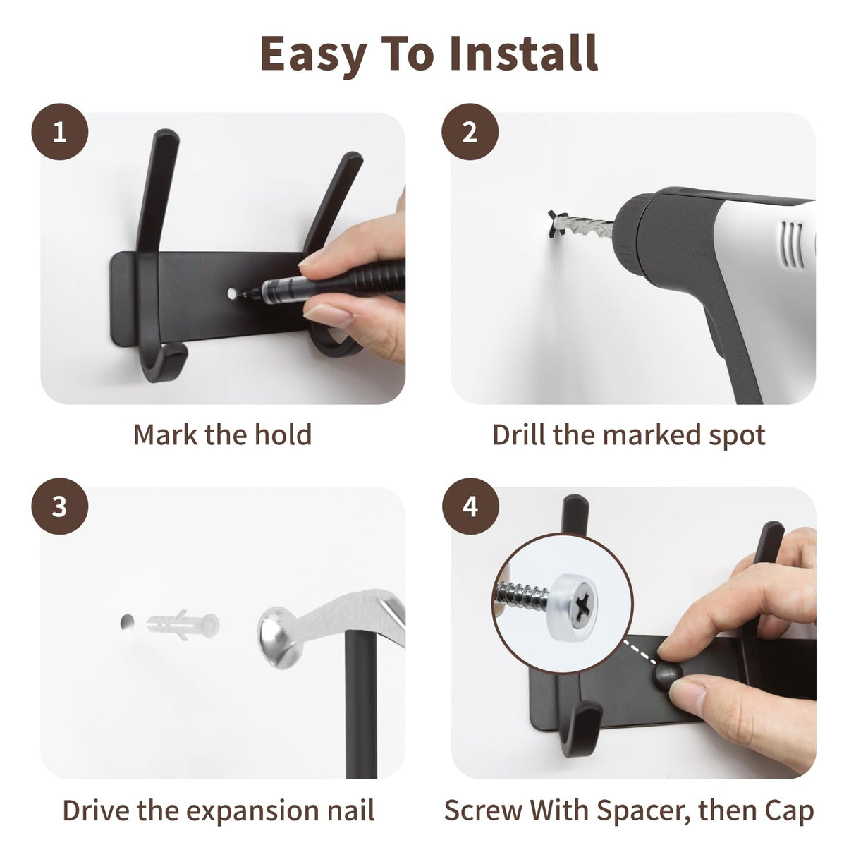 GWAAZXGZ Coat Rack Wall Mount Hooks - 15 Inch Black Hat Rack, Minimalist Design with 6 Hooks for Hanging Coats, Bags, and Towels in Entryway, Livingroom, Bedroom, Bathroom, and Kitchen, 1 Pack GWAAZXGZ