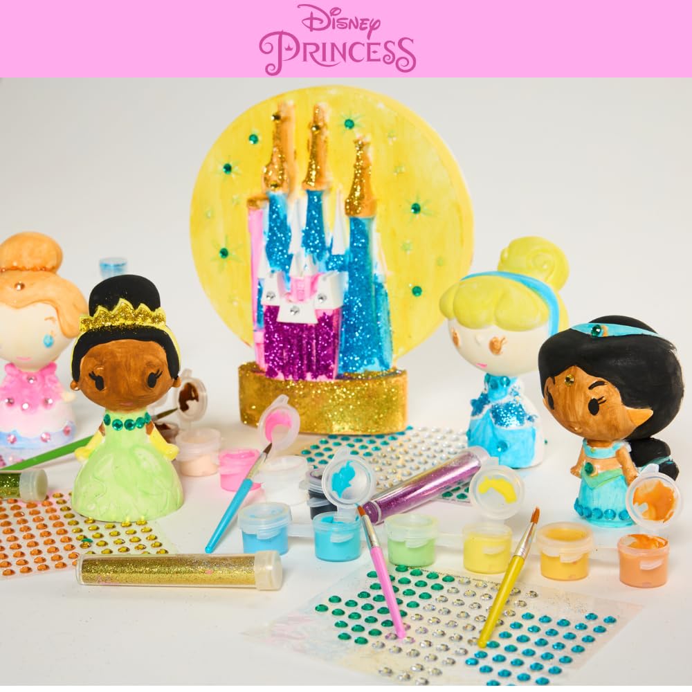 Disney Princess DIY Paint Your Own Figurines Arts and Crafts Set for Girls, Jumbo Figurines, Paint, Paint Brush, Glitter, and Gem Adhesives, Cinderella, Belle, Tiana, Jasmine, and Princess Castle Innovative Designs