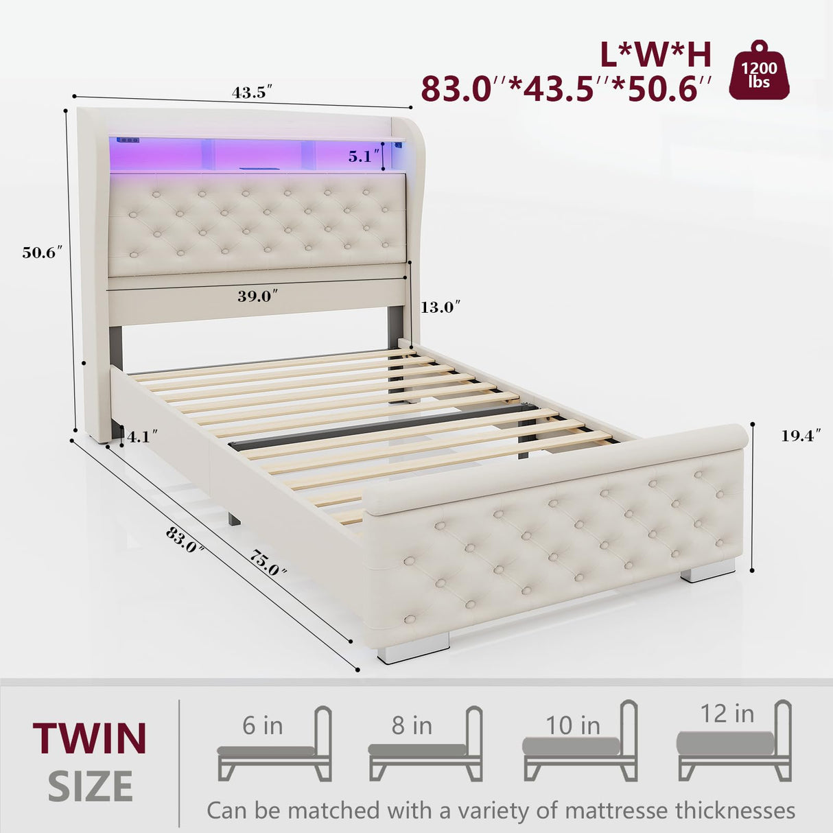 ROCHECASA Twin Bed Frame with Storage, Velvet Upholstered Bed with Charging Station and LED Light, Deep Button Tufted Wingback Headboard, No Box Spring Needed, Noise Free, Easy Assembly, Cream ROCHECASA