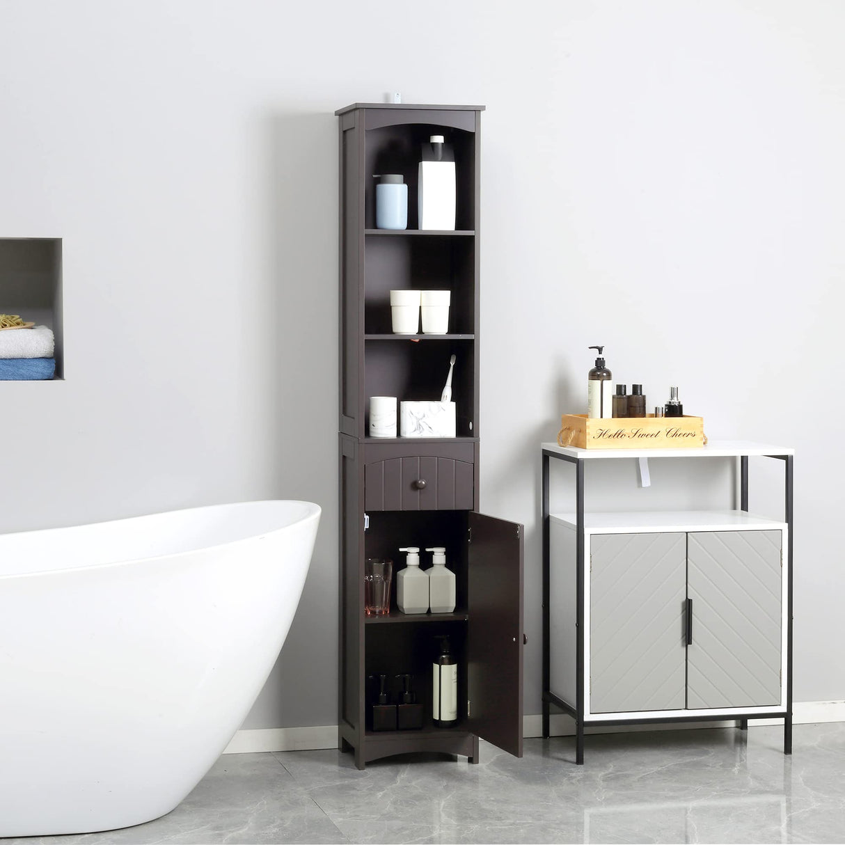 HOMCOM Bathroom Storage Cabinet, Free Standing Bathroom Storage Unit, Tall Linen Tower with 3-Tier Shelves and Drawer, Brown HOMCOM