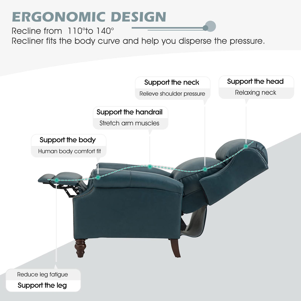 HULALA HOME Genuine Leather Recliner Chair, Traditional Manual Pushback Comfy Seating for Living Room, Thick Cushion & Solid Wood Legs, Wingback Recliner with Nailhead Trim, Turquoise HULALA HOME