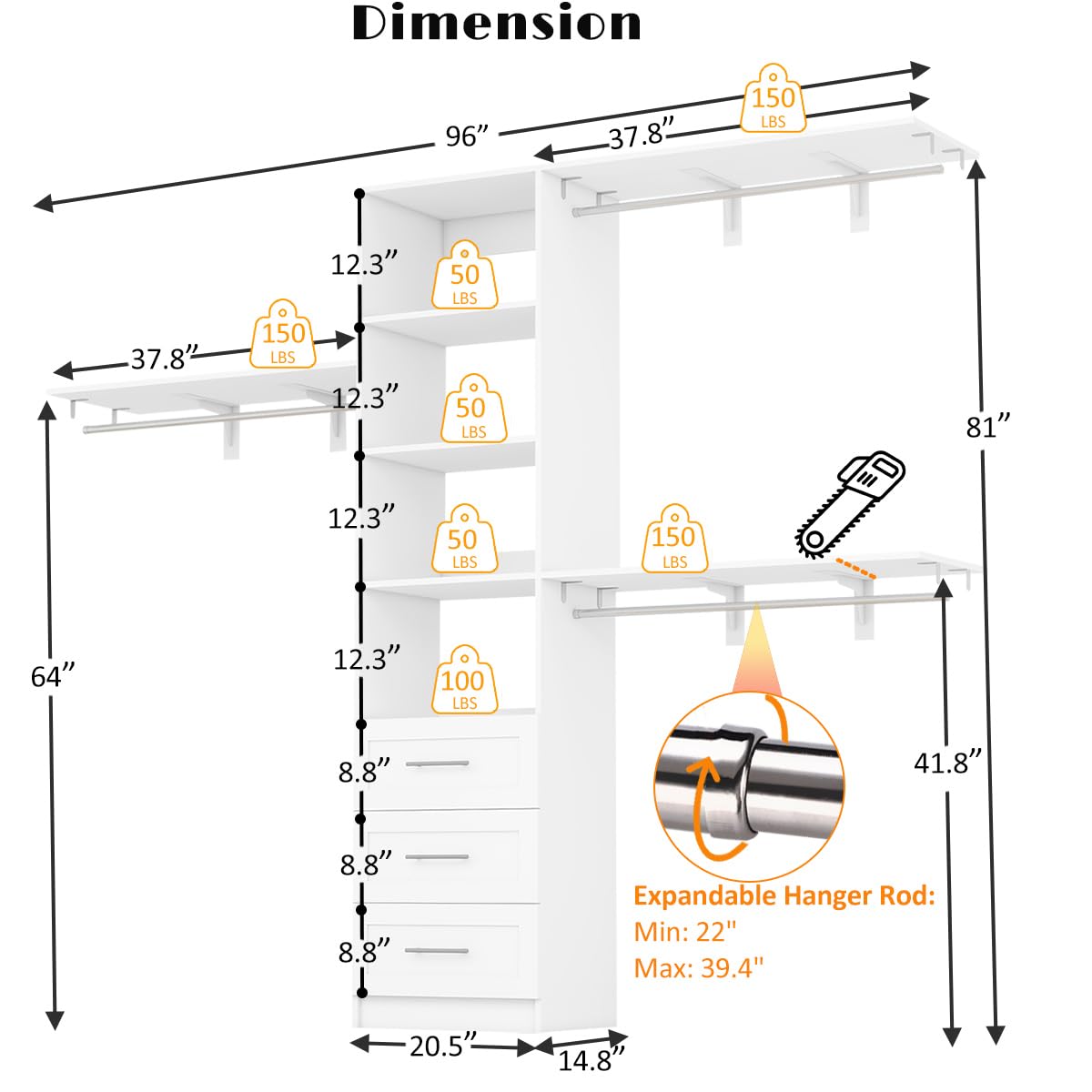 Dilando Closet Organizer System with Drawers, 8FT Closet Shelving System 96" Walk in Wood Corner Closet Storage System with 3 Shelves Custom Hanging Rods Heavy Duty Wall Mount Dilando