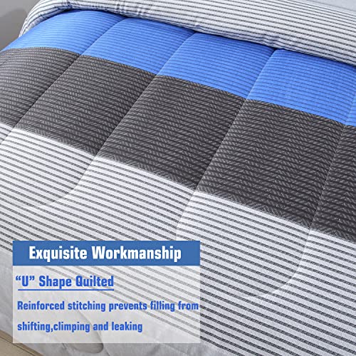 PERFEMET Twin Comforter Set 3 Pieces Bedding Set All Seasons Masculine Striped Pattern Vintage Farmhouse Soft Cozy Bedroom for Elegant Men Teen Girls Boys Gray and Blue PERFEMET