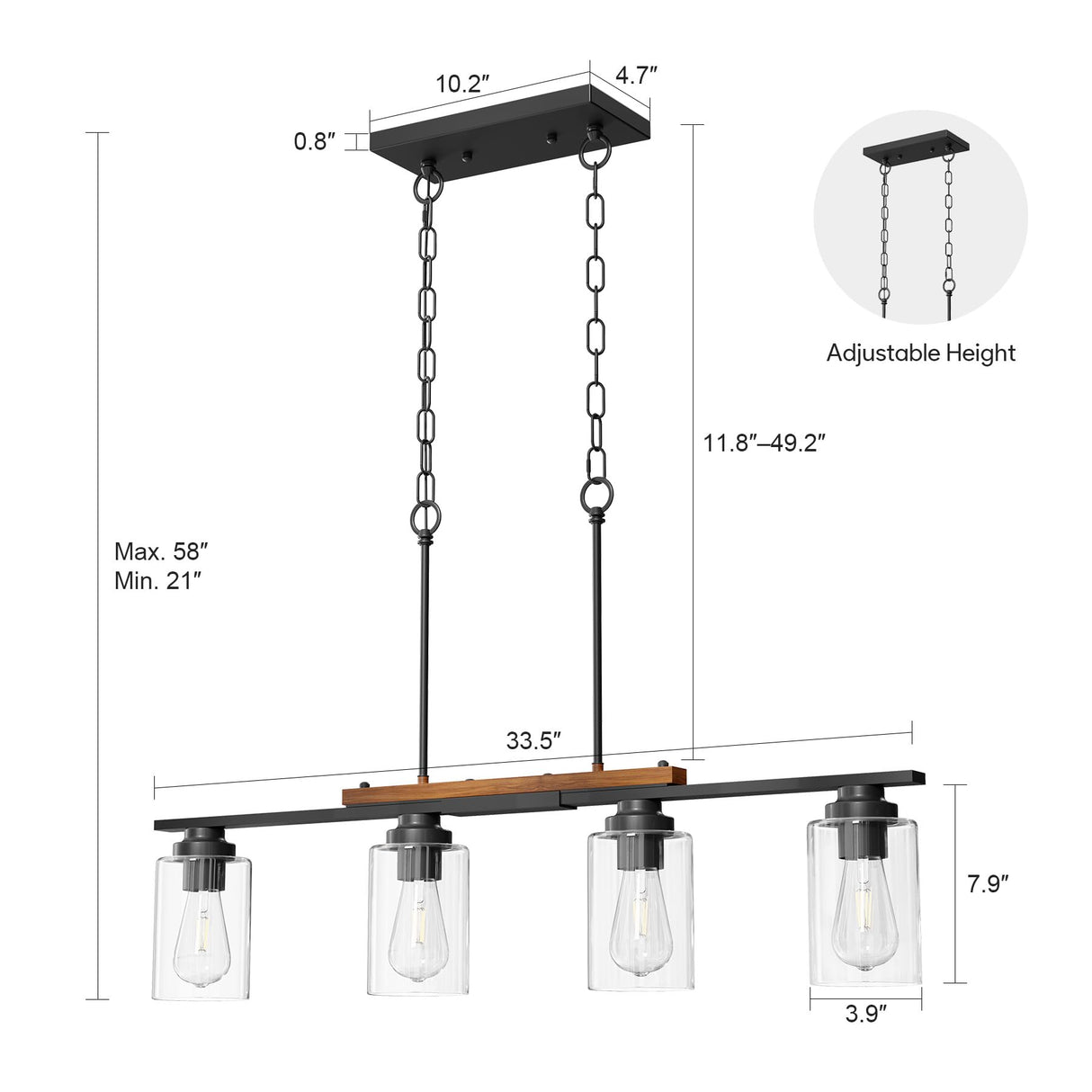 VONLUCE Dining Room Light Fixture Over Table, 4-Light Kitchen Island Lighting with Glass Shade and Adjustable Rods, Farmhouse Linear Chandelier Pendant Light for Kitchen Living Room, Matte Black VONLUCE