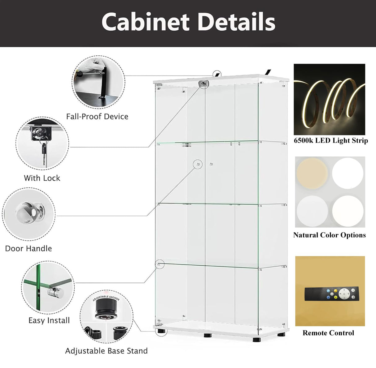 Modern 4-Tier Glass Display Shelf with 2 Doors, Curio Cabinet Collection - Floor Standing Display Case for Living Room, Bedroom, Home Office - 30" W x 14.5" D x 64" H (White with LED Light Strip) Zacis