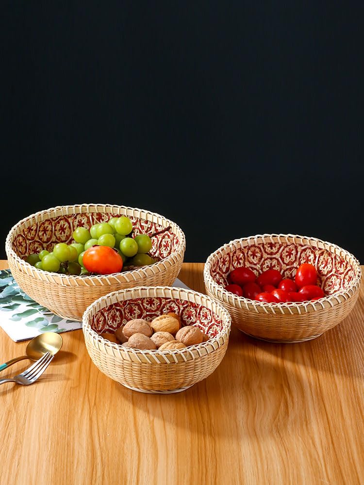 Elsjoy Set of 3 Wicker Woven Storage Basket, Bamboo Bread Basket Round Rattan Serving Basket Farmhouse Decor for Fruits, Vegetables, Potatoes, Stackable 9.6"/8"/7" Elsjoy