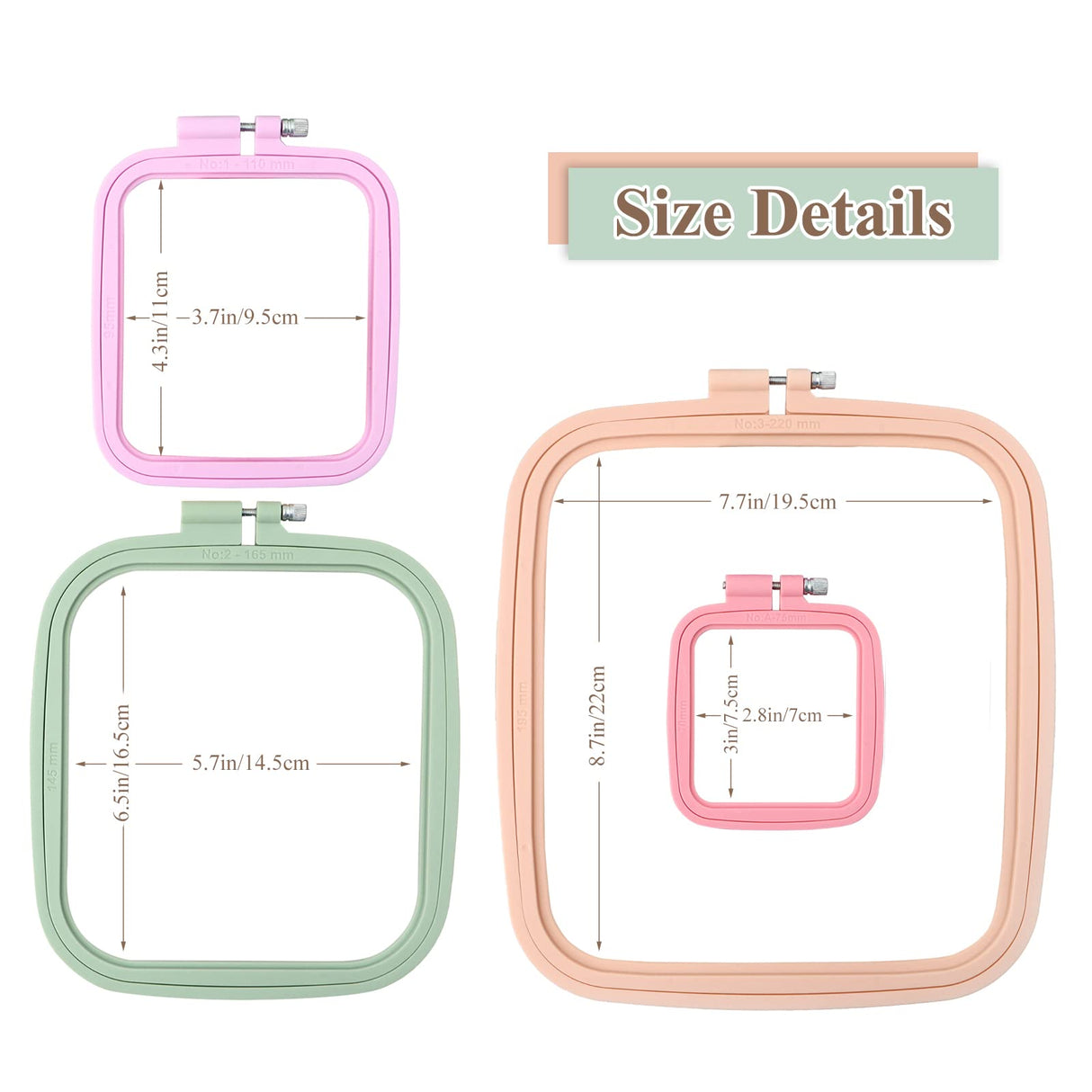 ZOCONE 4 Pcs 4 Size Square Embroidery Hoops, ABS Plastic Embroidery Hoops Cross Stitch Hoops Embroidery Frames for Sewing, Needlework, Embroidery Projects (Size-3", 4.3", 6.5", 8.7") ZOCONE