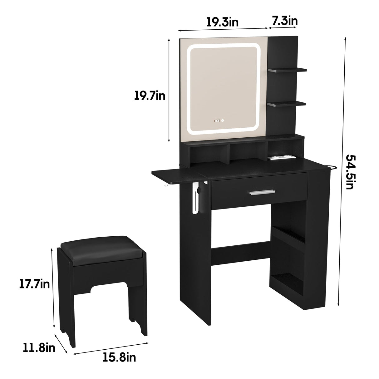 Vabches Makeup Vanity with Mirror and Lights, Small Vanity Desk with with Drawer Lots Storage, Vanity Set with Storage Drawer, Chair and Three Shelves, Black Vabches