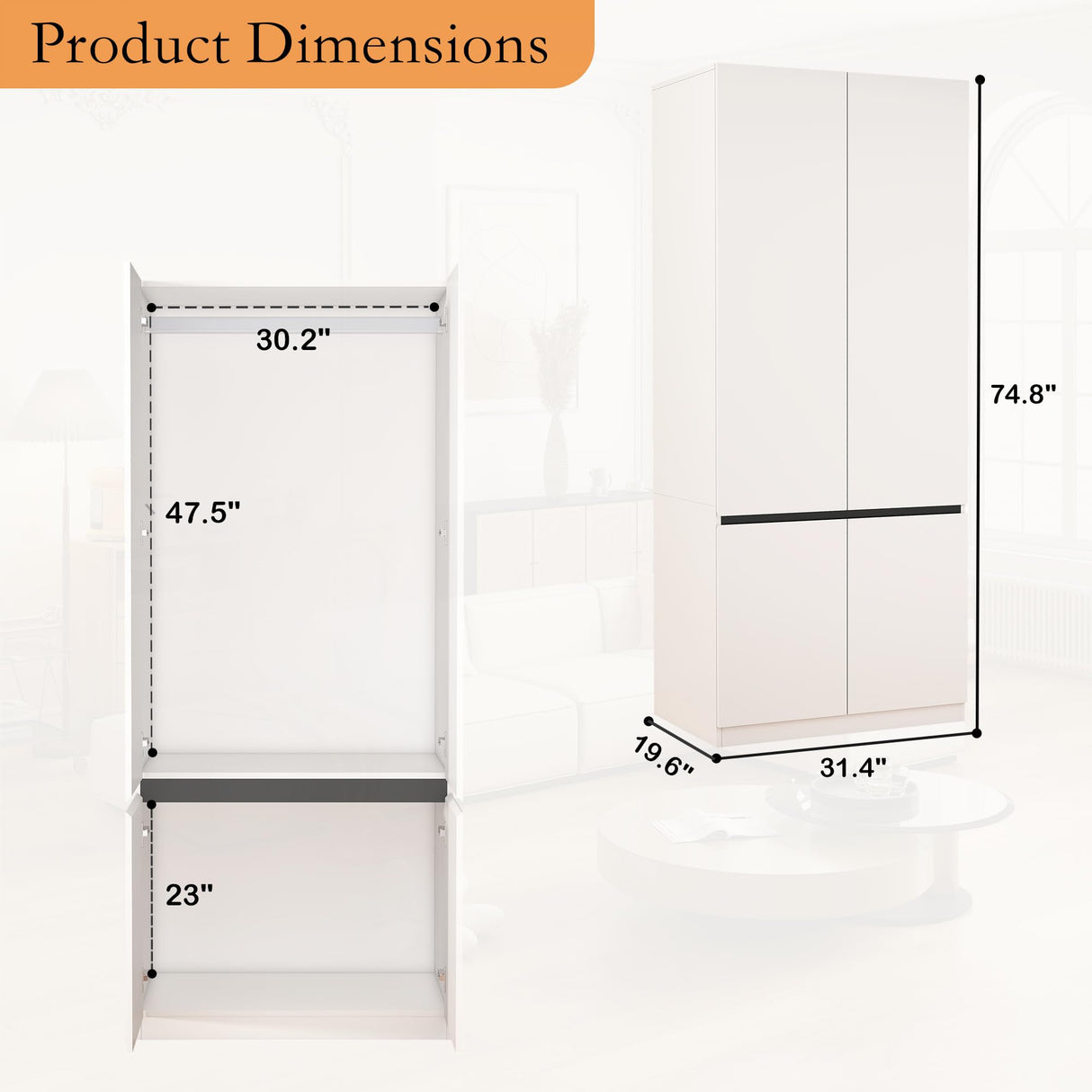 Mhsatyrs Armoire Wardrobe Closet with Doors: 75" White Large Wardrobe Closet with 4 Doors, Clothes Cabinets for Bedroom Armoires with Storage, Wood Wardrobes Closets for Hanging Clothes (C+C, 63") Mhsatyrs
