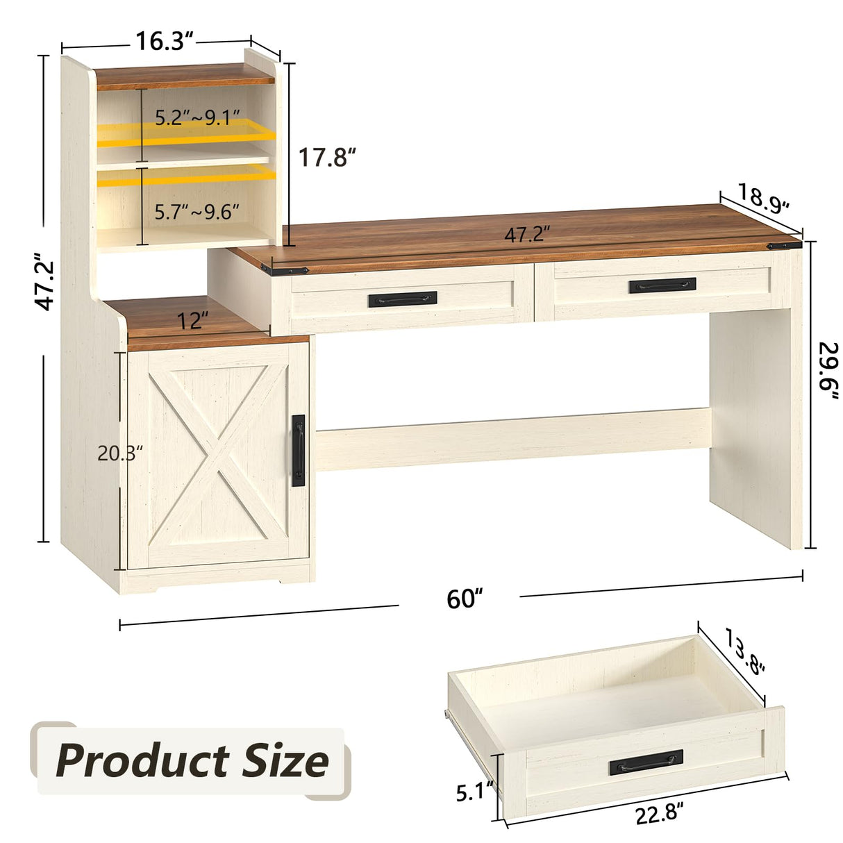 YOMILUVE 60'' Farmhouse Computer Desk with Drawers, Home Office Desk with Bookcase, Vanity Desk Writing Study Table with Storage, Antique White YOMILUVE