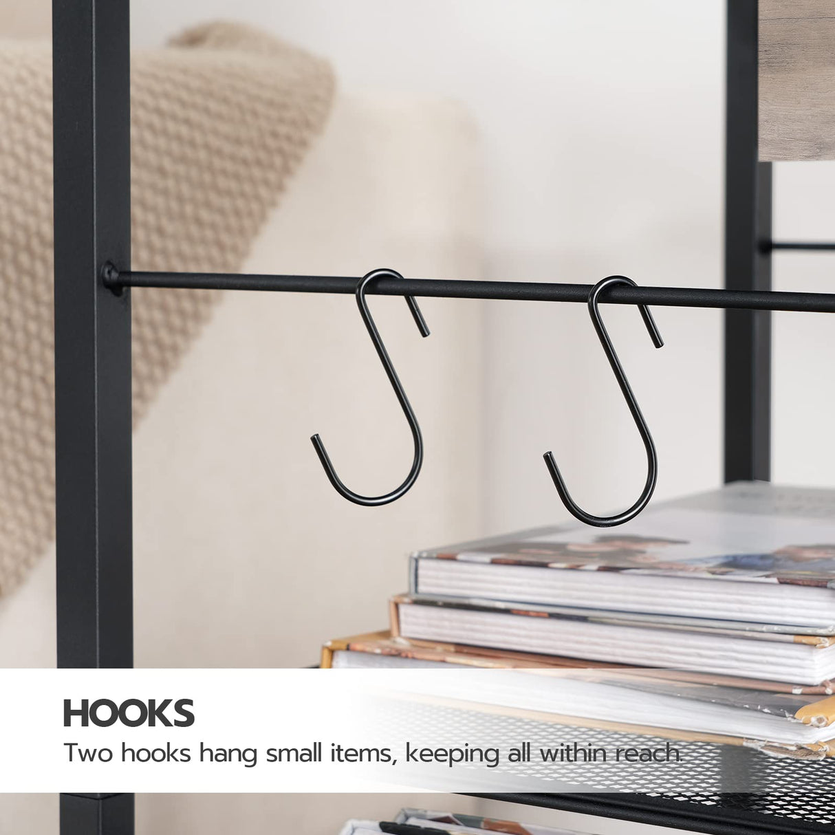 HOOBRO Industrial Printer Stand, 3-Tier Mobile Printer Table, Rolling Cart with Power Outlets and USB Ports, Home Printer Stand with 2 Hooks, for Office, Living Room, Greige and Black BG22UPS01 HOOBRO