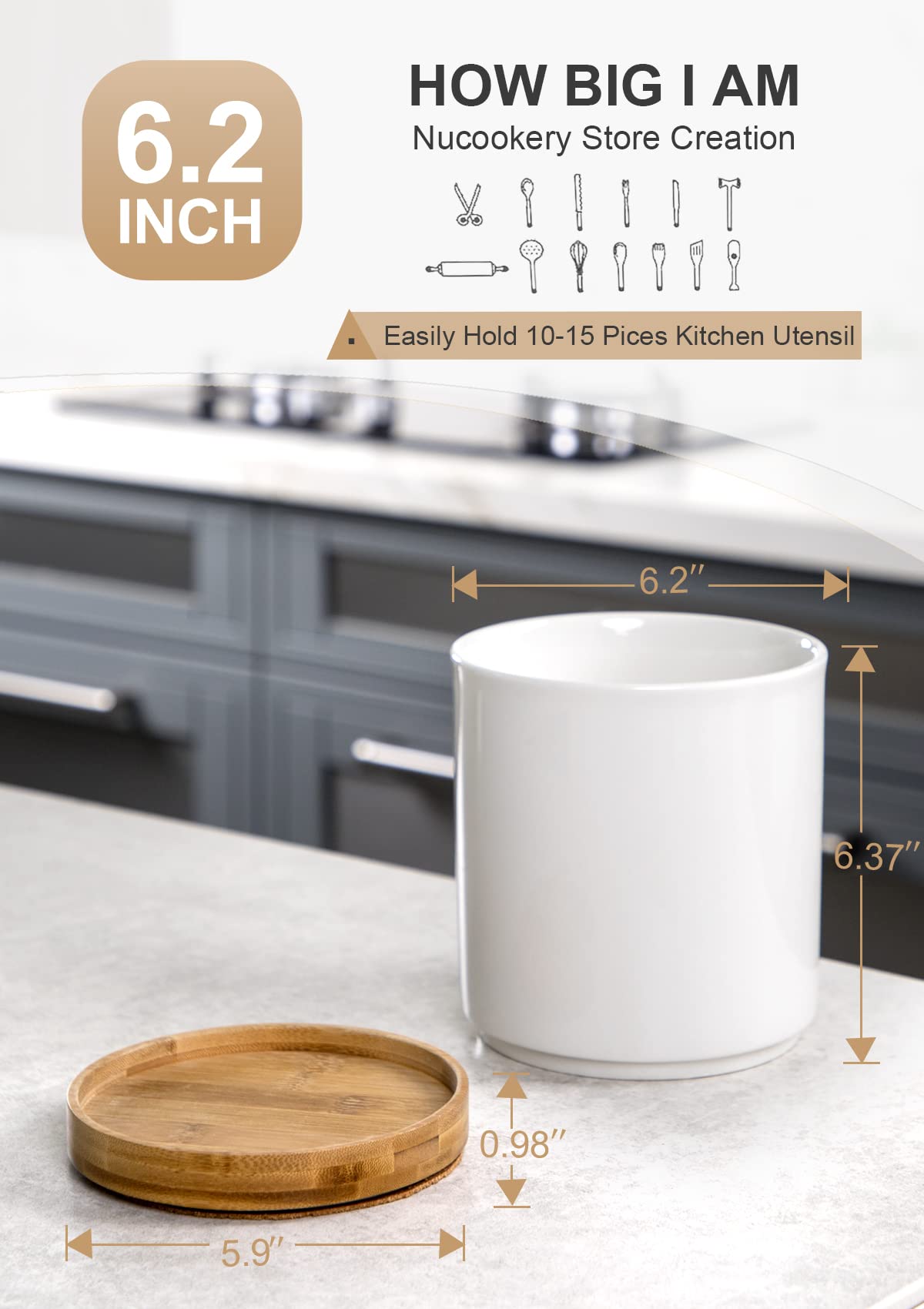 Nucookery 360° Rotating Utensil Holder, 7.2" Large Utensil Crock, White Ceramic Cooking Utensil Organizer with Countertop-Protection Cork Bottom for Farmhouse Kitchen Decor Gift (White) Nucookery