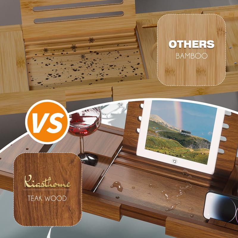 Kiasthome Teak Bathtub Tray, Bath Tray for Tub Bathroom Table Tray Expandable Wood Tub Tray for Bathtub, as Unique Housewarming, Holiday, Birthday Gifts Kiasthome