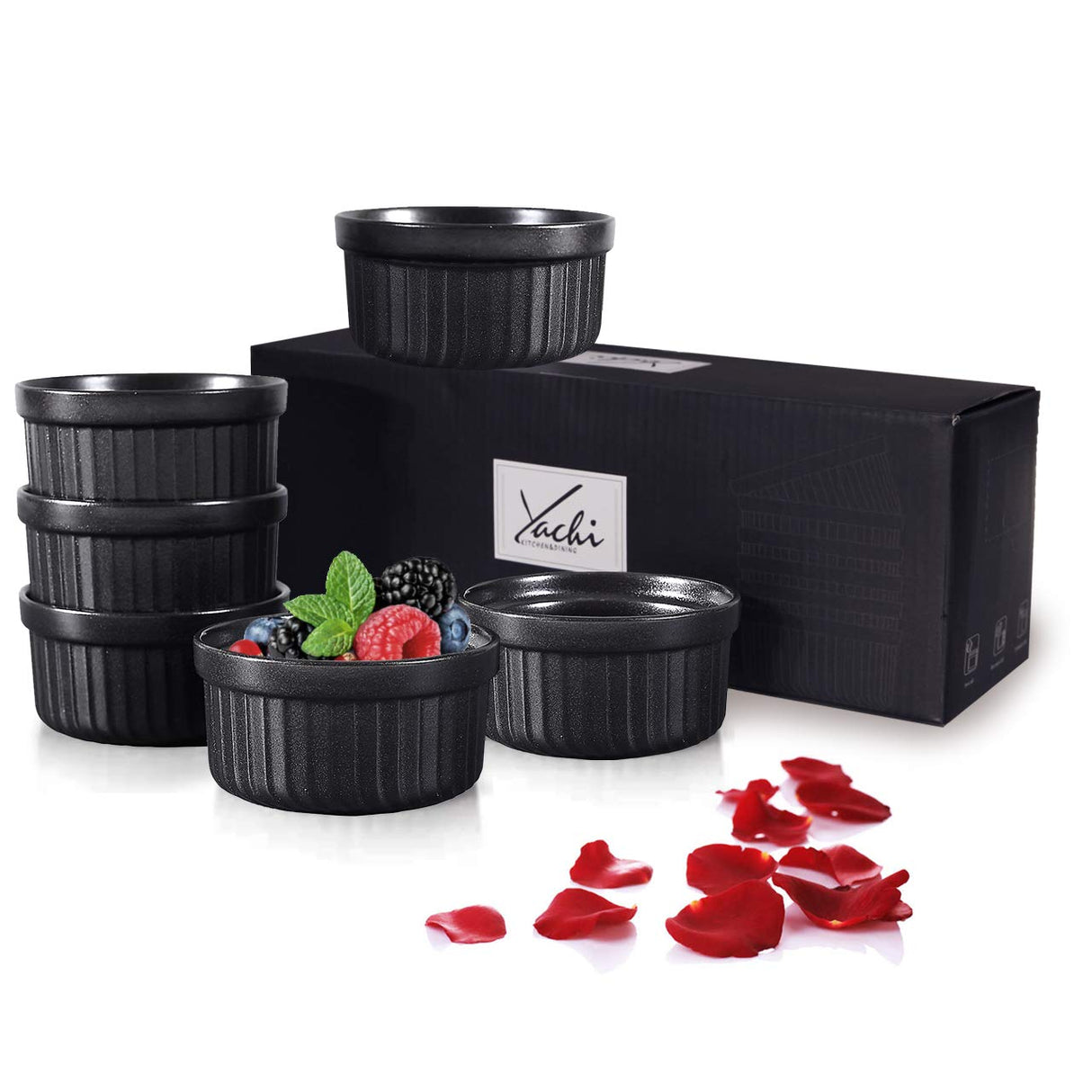 Yachi Ceramic Ramekins 4oz set of 6,Porcelain Ramekins Oven Safe,Stoneware Souffle,Baking Souffles,Creme Brulées,Custards, Puddings,Dishwasher Oven Safe,Black Ramekins Yachi