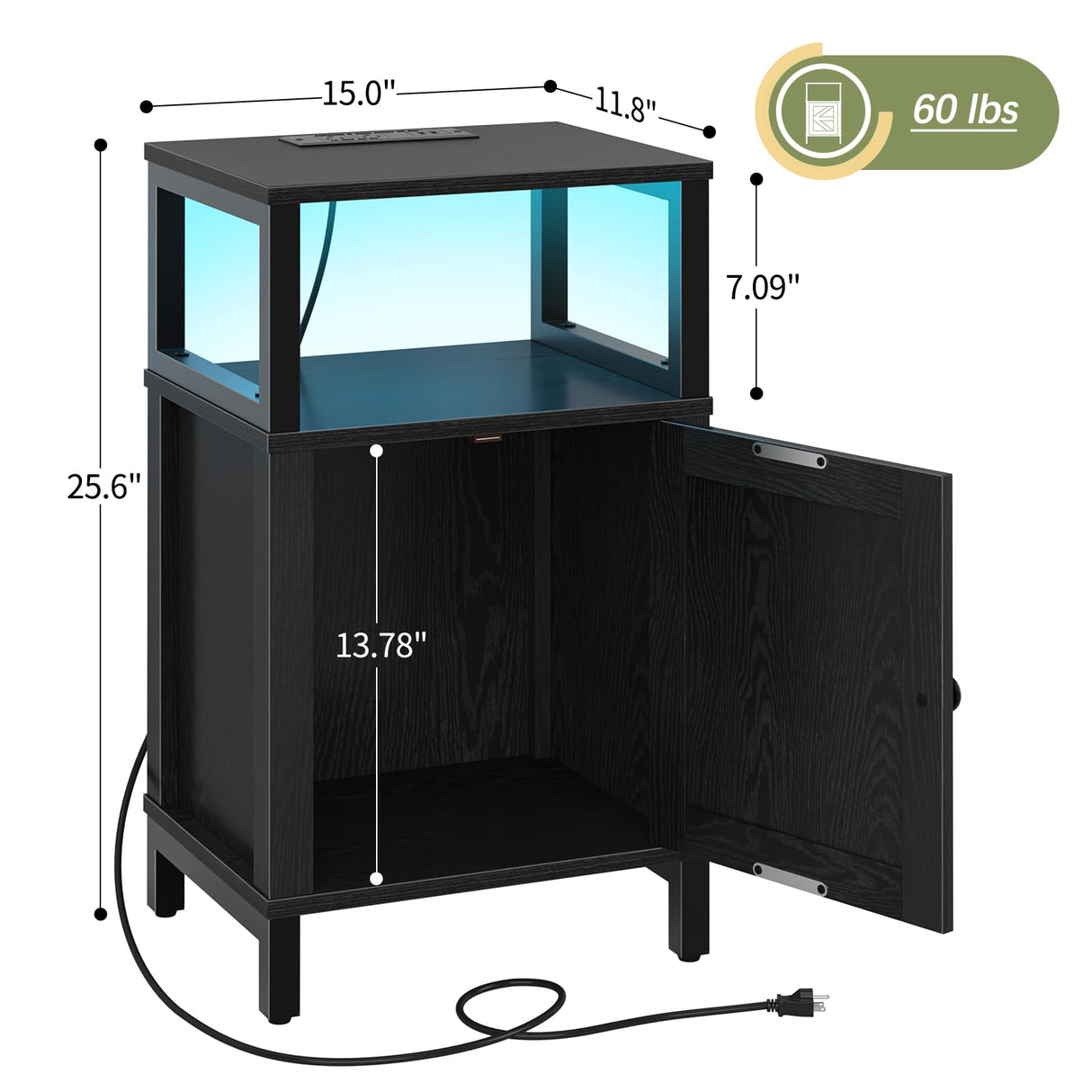 Yoobure Farmhouse Nightstand with Charging Station, Wood Night Stand End Table with USB Ports, LED Bed Side Table with Storage Cabinet, Bedside Table for Bedroom, Living Room Black Yoobure