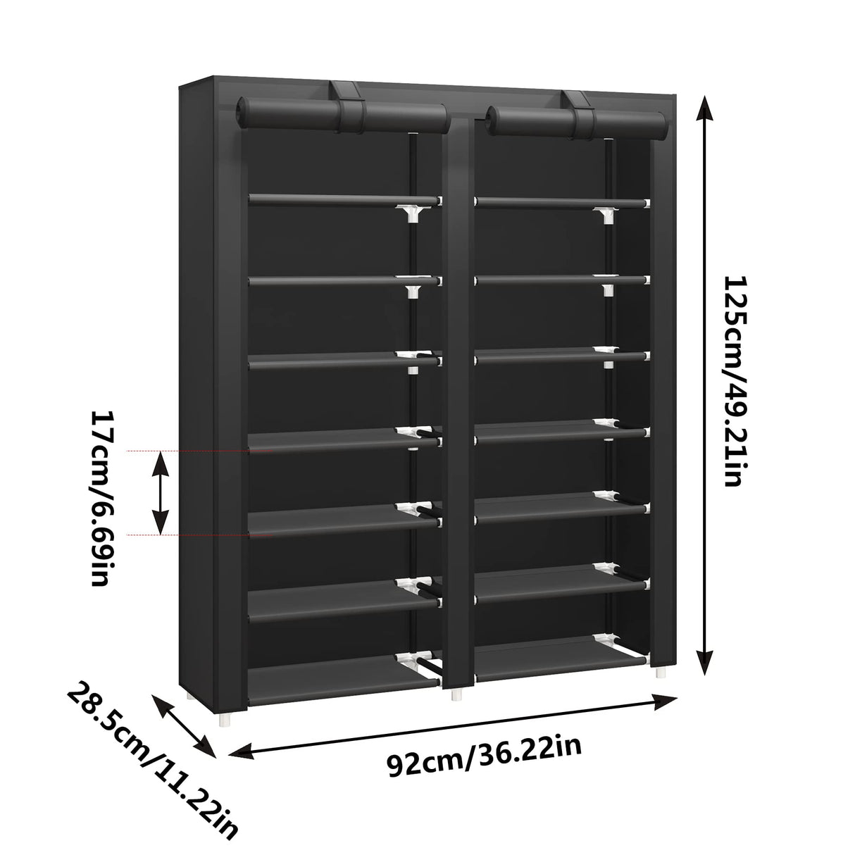 JIUYOTREE 7-Tier Shoe Storage Organizer with Dustproof Cover - Closet Cabinet Shelf Holds up to 28 Pairs - for Doorway, Corridor, Balcony, Living Room - Black JIUYOTREE