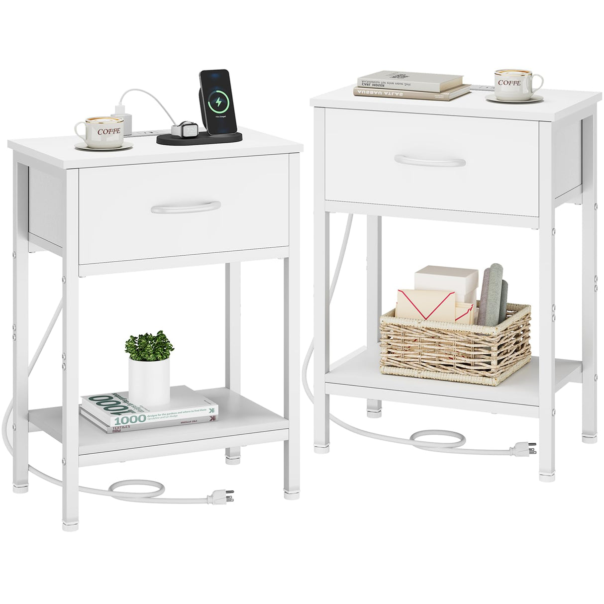 Vagusicc White Nightstand Set of 2 with Charging Station, Bed Side Table with Fabric Drawer, Small End Table with 2-Tier Storage Shelves, 25.4" Tall Bedside Table, Night Stand for Bedroom, Living Room Vagusicc