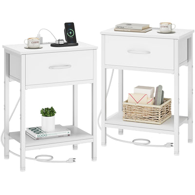 Vagusicc White Nightstand Set of 2 with Charging Station, Bed Side Table with Fabric Drawer, Small End Table with 2-Tier Storage Shelves, 25.4" Tall Bedside Table, Night Stand for Bedroom, Living Room