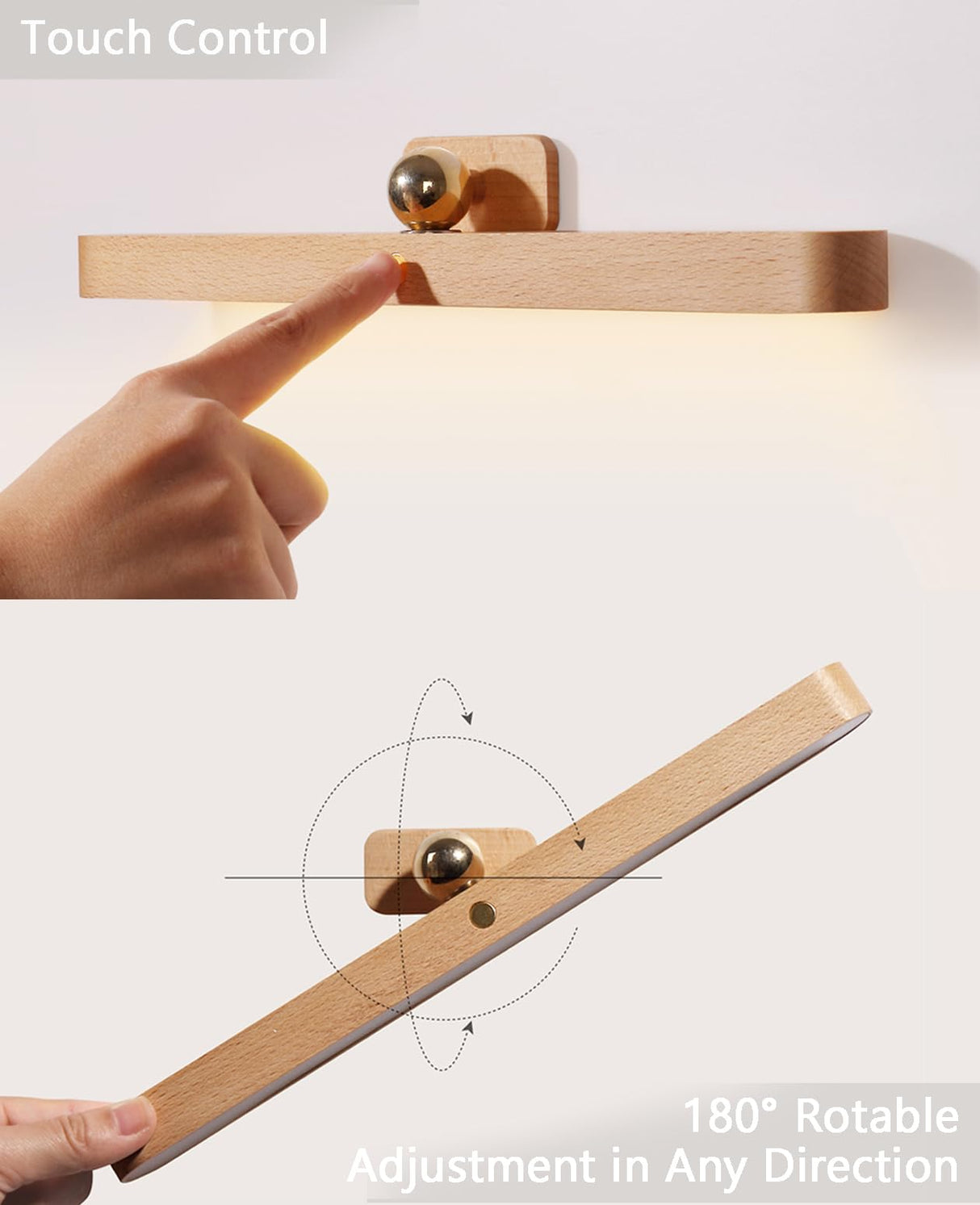Chilvane Wooden Vanity Light Wall Sconce Battery Operated Wall Light LED 360° Rotable Magnetic Ball Dimmable Rechargeable Wall Mounted Cordless Night Light for Mirror Makeup Bathroom Bedroom Household Chilvane