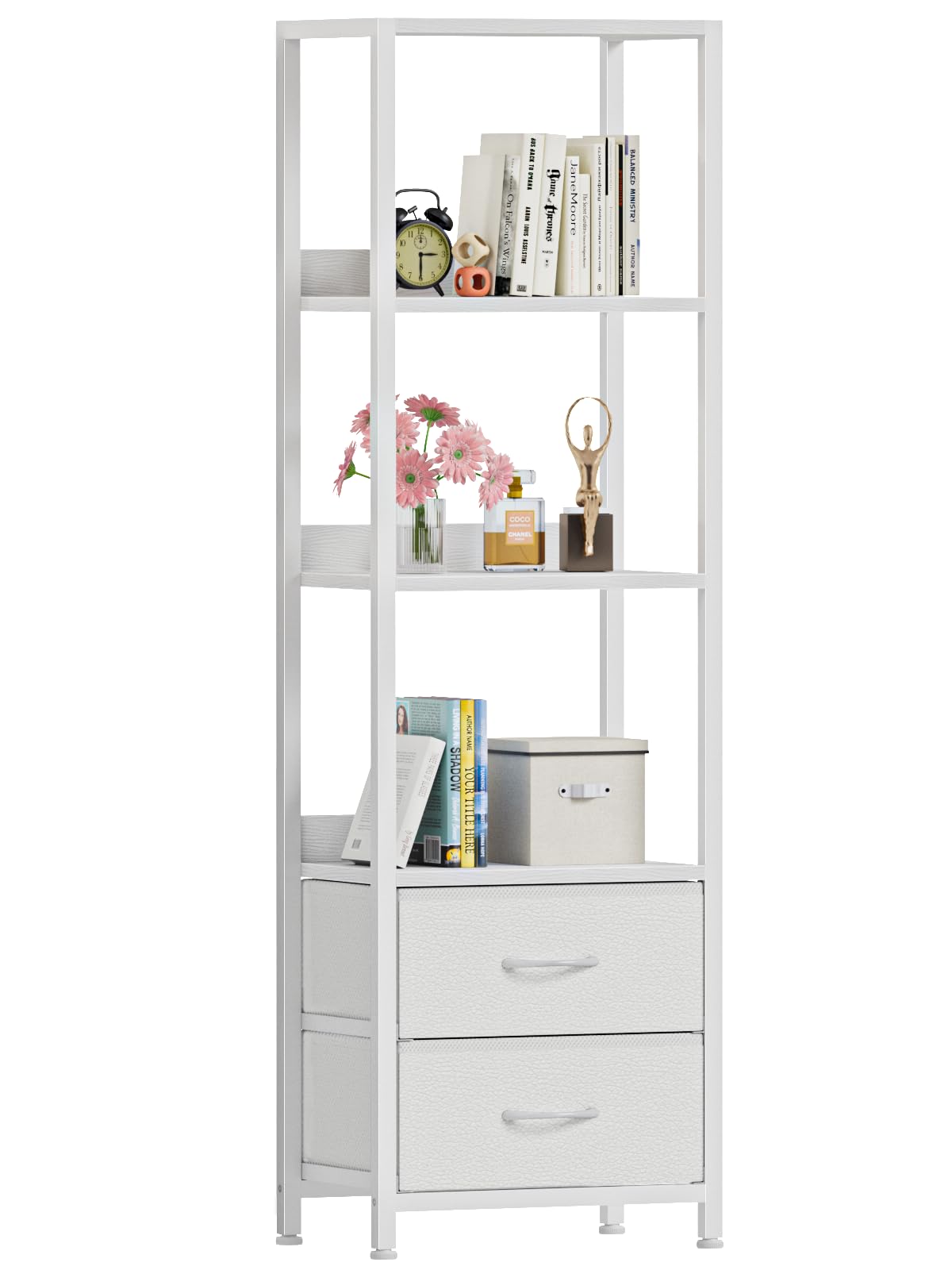Furnulem 4-Tier Corner Shelf, Bookshelf with 2 Storage Drawers, 57.28”Tall Narrow Bookcase, Standing Shelf Organizer Unit for Living Room, Bedroom, Metal Frame, Wood Display Shelf Furnulem