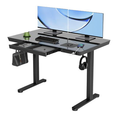 YDN Glass Standing Desk with Drawers, 48 x 24 Inch Electric Stand Up Desk with USB Ports, Adjustable Height Desk for Home Office, Black