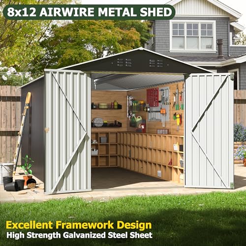 AirWire 8x12 FT Outdoor Storage Shed, Garden Shed with Updated Frame Structure and Lockable Doors, Metal Tool Sheds for Backyard Garden Patio Lawn, Grey AirWire