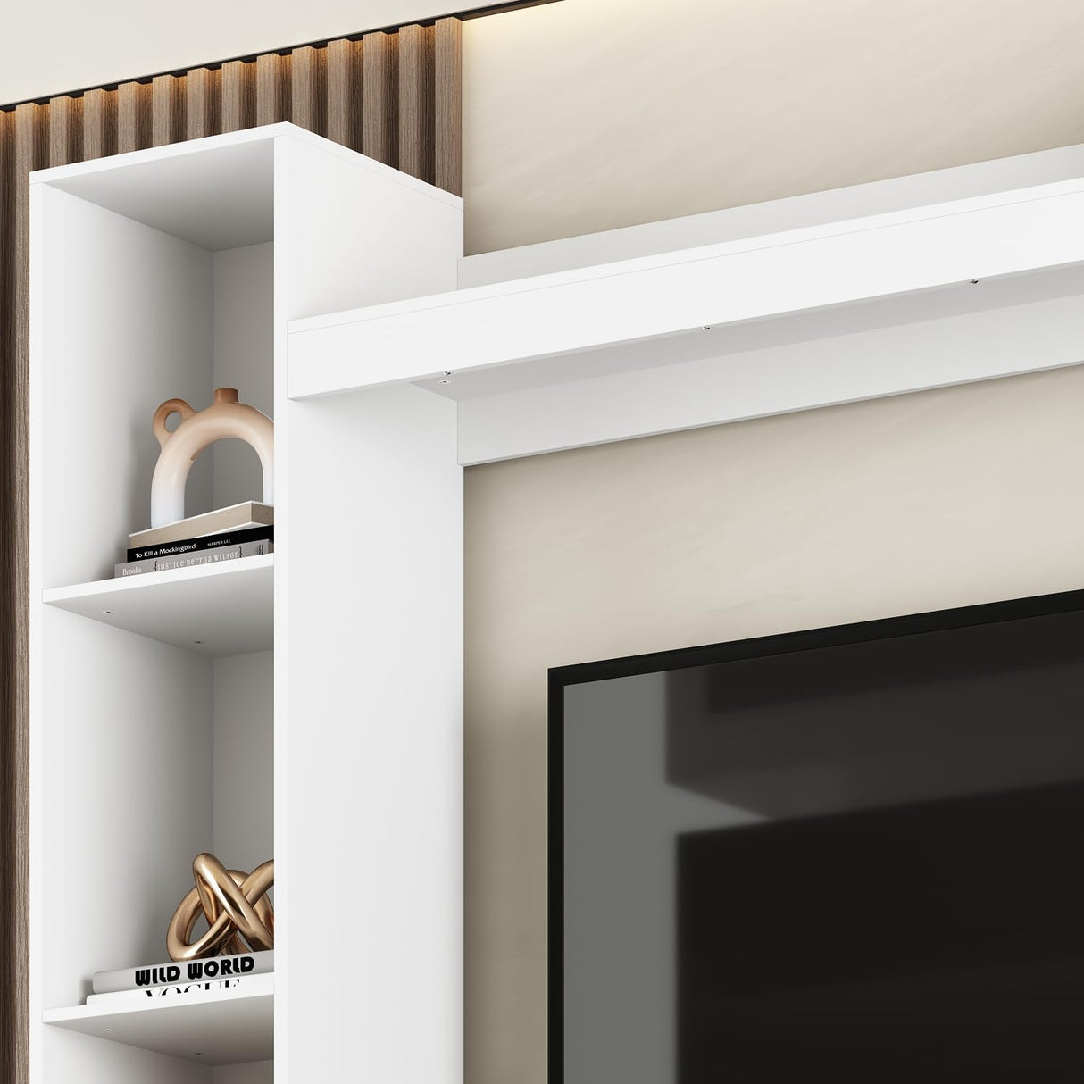 AIEGLE Minimalism Wall Unit TV Stand Set with Bridge for TVs up to 65", 81.1" TV Stand with Bookshelves, Entertainment Center Media Console Table with 4 Hidden Shelves & 8 Open Shelves, White AIEGLE