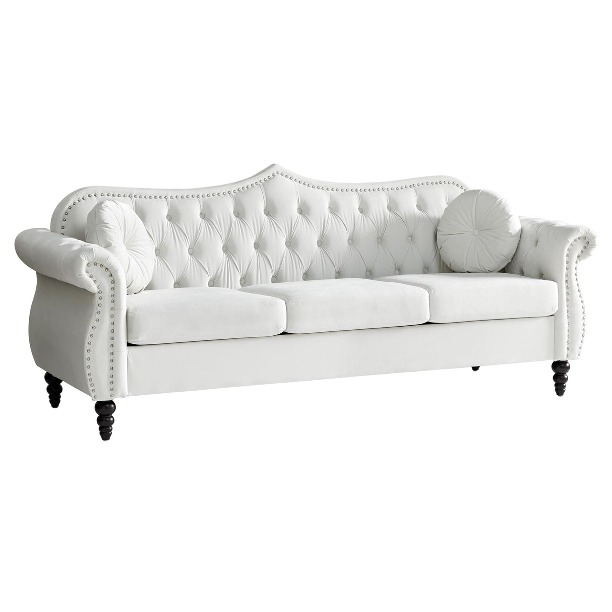AVZEAR 82" Three Seater Sofa, Chesterfield Sofa, Mid-Century Modern Velvet Upholstered Sofa, Deep Button Tufted Living Room Sofa with Two Throw Pillows, White AVZEAR