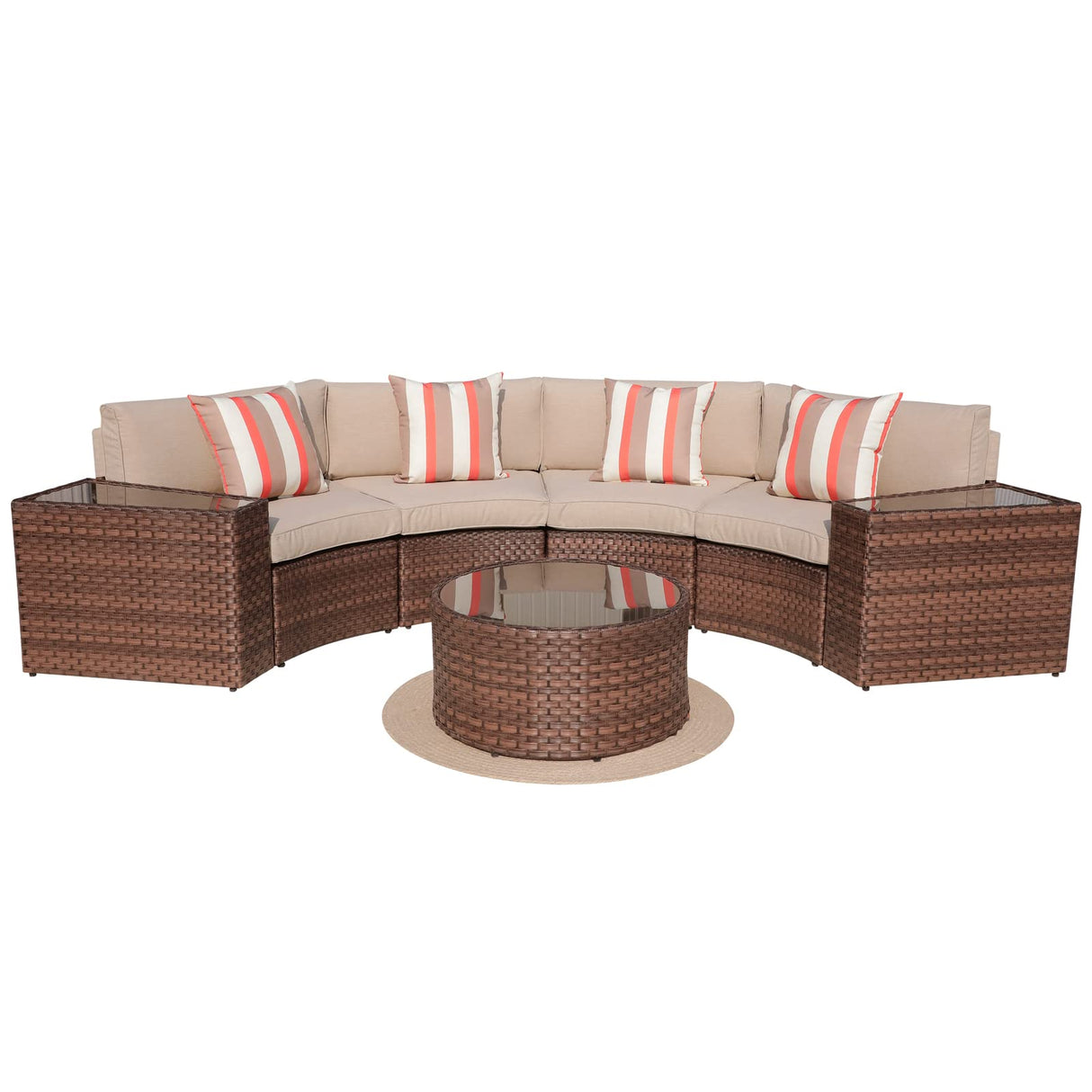 SUNSITT Outdoor 7-Piece Half-Moon Sectional Furniture Set with Round Coffee Table, Patio Curved Sofa Set, Beige Cushion and Brown Wicker, Incl. Waterproof Cover SUNSITT