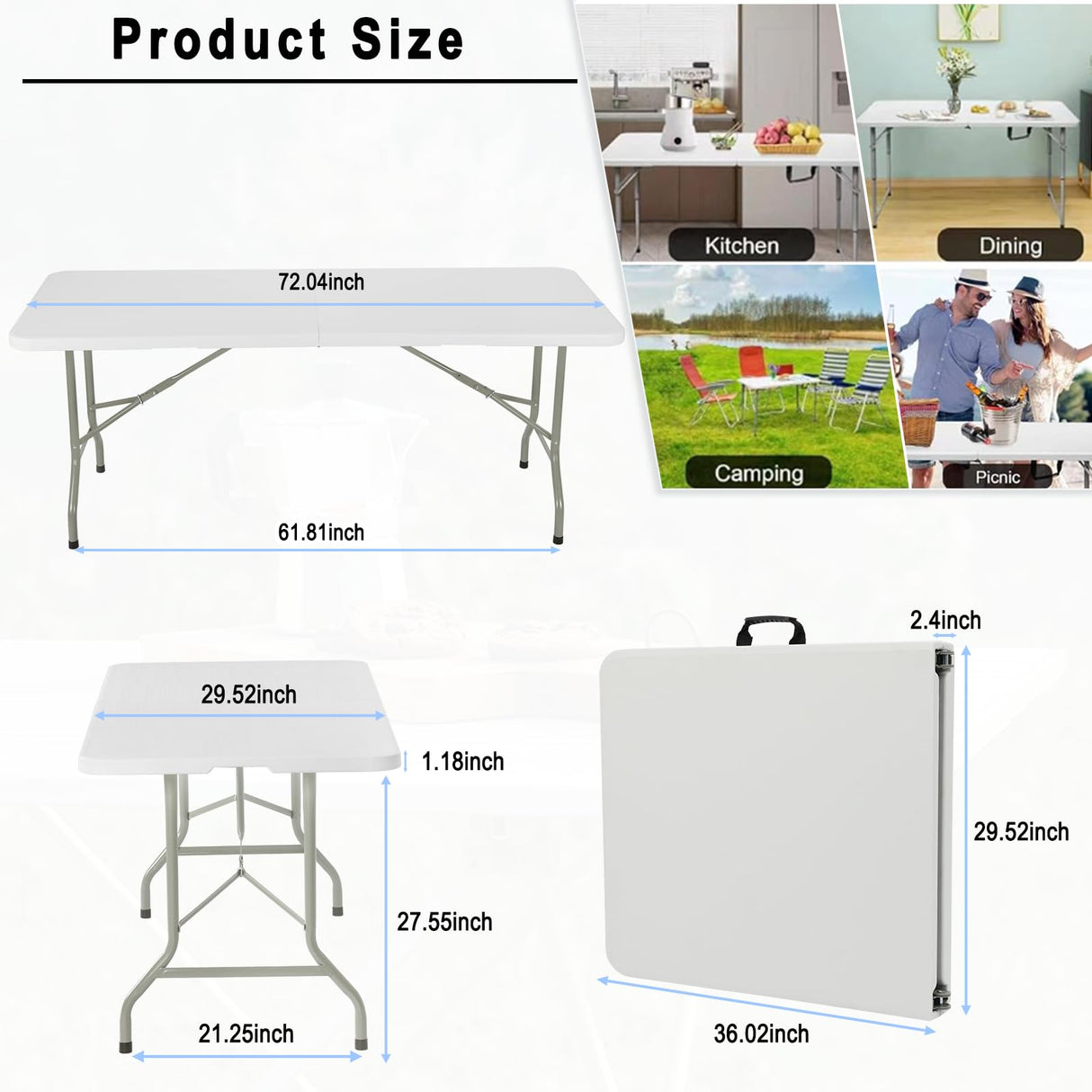 ONUUNPY 6ft Heavy Duty Portable Folding Table - Plastic Dining Table Indoor/Outdoor White Plastic Table for Parties, BBQs, and Camping ONUUNPY