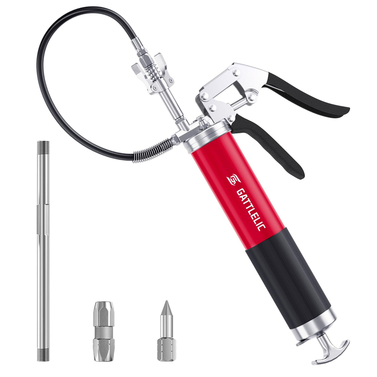 GATTLELIC Heavy Duty Grease Gun Kit, 8000 PSI Professional Pistol Grip 14 oz Load with 12" Flex Hose, Locking Coupler, Extension Pipe, and Sharp Nozzle GATTLELIC