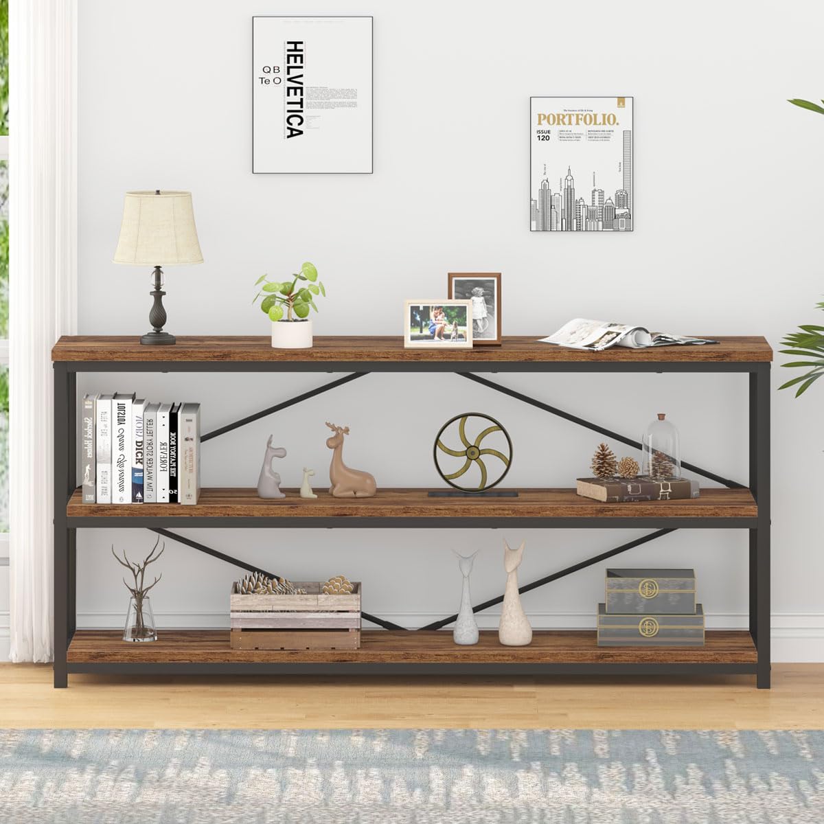 IBF Low Rustic 3 Tier Bookshelf, Industrial Horizontal Wood Bookcase, Farmhouse Long Wide Open Metal Etagere, Modern Large Vintage Book Shelf for Home Office Bedroom Living Room, Rustic Brown, 63 Inch IBF