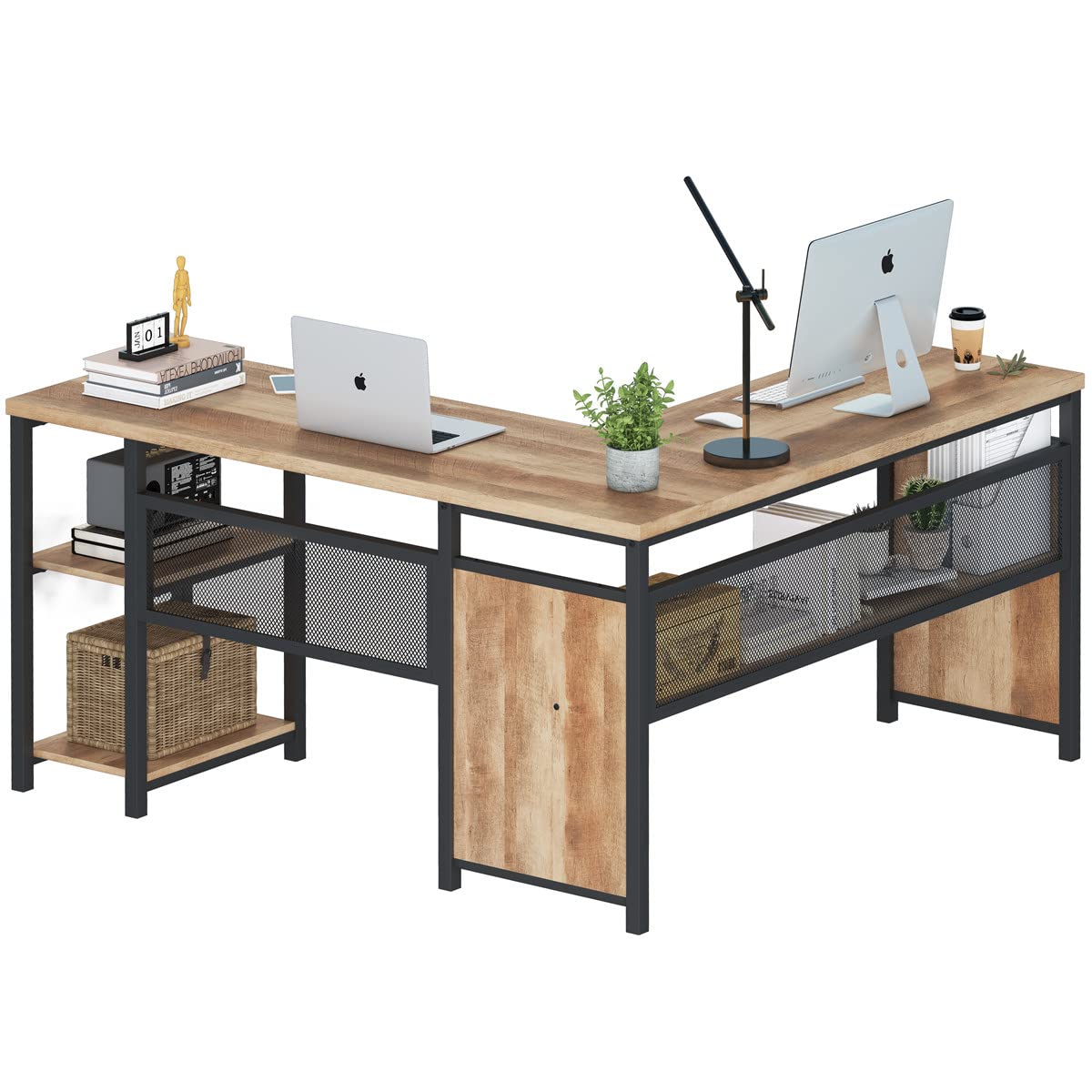FATORRI L Shaped Computer Desk, Industrial Office Desk with Shelves, Reversible Wood and Metal Corner Desk for Home Office (Rustic Oak, 59 Inch) FATORRI