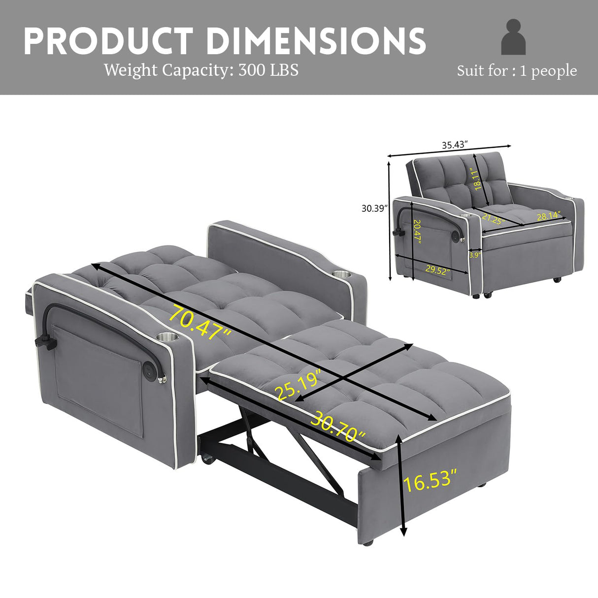 3 in 1 Sleeper Sofa Chair Bed,Velvet Convertible Sleeper Chair Bed,Pull Out Bed Chair With USB Port & Ashtray and Swivel Phone Stand & Storage Pockets,Modern Chair Sleeper Bed for Living Room jurmiture