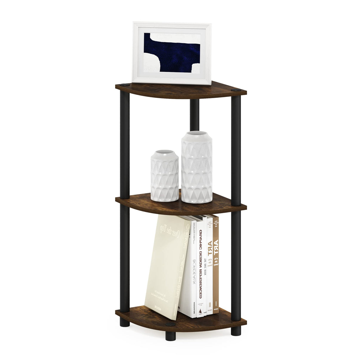 Furinno TURN-N-TUBE Corner Shelf, 3-Tier Corner Bookshelf, Display Storage Shelves with Open Shelves, for Organization and Storage, Living Room, Home Office, Garage, Amber Pine Furinno