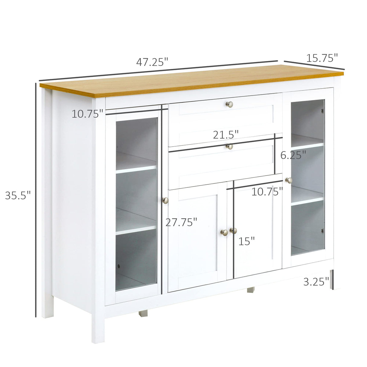 HOMCOM 47" Sideboard, Buffet Cabinet with Rubber Wood Top, Glass Door, Coffee Bar Cabinet, Kitchen Cabinet with Drawers, Adjustable Shelving for Living Room, White HOMCOM