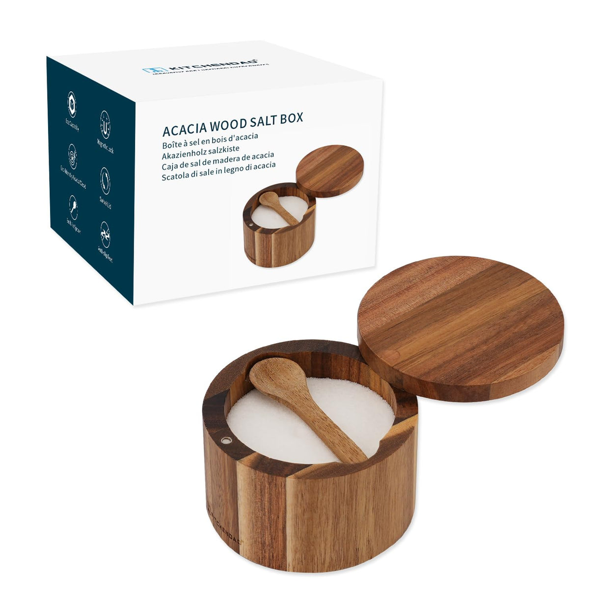 KITCHENDAO Acacia Wood Salt Cellar Bowl Box with Built-in Spoon to avoid Dust, Elegant Kitchen Salt Container Holder with Swivel Magnetic Lid to Storage Pepper Spice Bath Salt Sea Salt, 6OZ KITCHENDAO