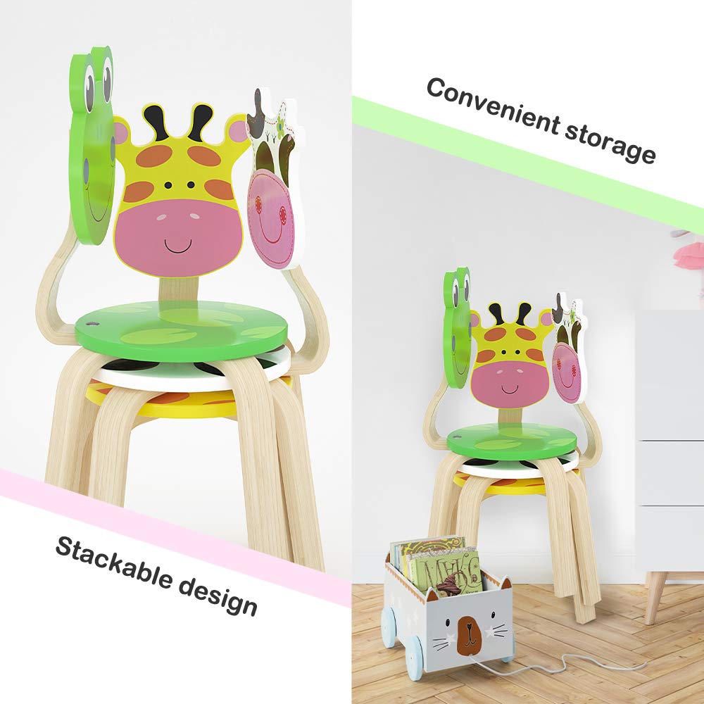 iPlay, iLearn 2 PCS Wooden Kids Chair Sets, Natural Hardwood Giraffe & Cow Animal Children Chairs, Furniture Set for Toddlers Kids Boys Girls, Stackable for Playroom, Nursery, Preschool, Kindergarten iPlay, iLearn