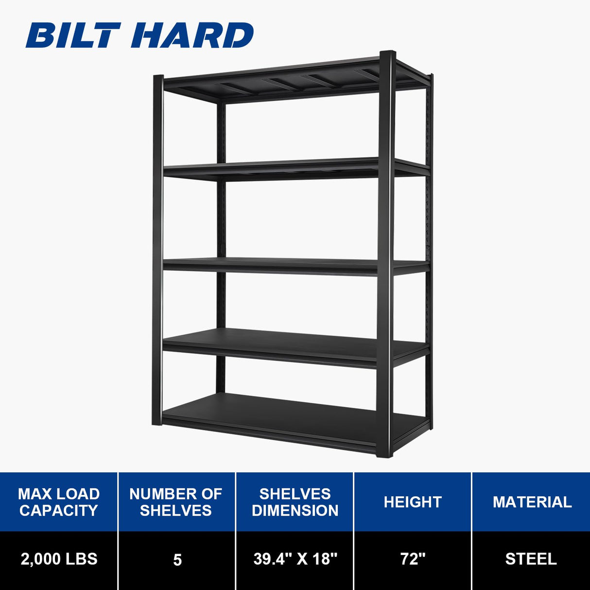 BILT HARD 2000LBS Garage Shelving, 39.4" W x 18" D x 72" H, 5-Shelf Storage Shelves Heavy Duty, Industrial Metal Shelving Units with Adjustable Shelf, Steel Utility Shelves, Black BILT HARD